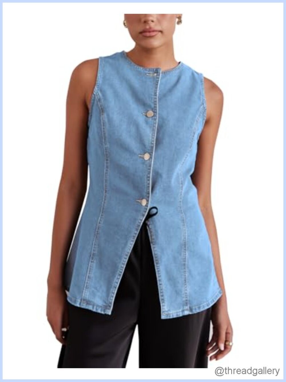 Long Denim Vest Sleeveless Button-Up Back Slit